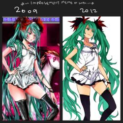  aqua_eyes aqua_hair artist_progress banned_artist before_and_after black_legwear chart flower hair_flower hair_ornament hand_on_hip hatsune_miku long_hair miniskirt skirt thighhighs tribute twintails very_long_hair vocaloid world_is_mine_(vocaloid) 