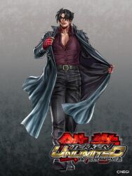  1boy black_hair fingerless_gloves gloves hair_over_one_eye kazama_jin long_coat male_focus official_art solo tekken tekken_tag_tournament_2 walking yamashita_shun&#039;ya 