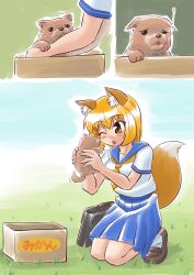  alternate_costume animal_ears bag blonde_hair blush box canine commentary_request female for_adoption fox_ears fox_tail highres in_box in_container kneeling mikan_box one_eye_closed open_mouth photoshop_(medium) puppy sasuke_(sasuke_no_sato) school_uniform short_hair tail touhou yakumo_ran yellow_eyes 