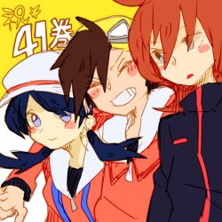  2boys bad_id bad_pixiv_id baseball_cap black_hair blue_eyes blue_hair blush closed_eyes earrings ethan_(pokemon) female goggles goggles_on_head grey_eyes hat jewelry kris_(pokemon) multiple_boys pokemon pokemon_adventures pokke-pokke-pinoko red_hair silver_(pokemon) smile star_(symbol) star_earrings twintails yellow_background 