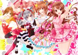  5girls animal_ears asymmetrical_hair boots bow breasts cat_ears cat_tail commentary_request detached_sleeves dress drill_hair earrings food-themed_clothes garter_straps gloves green_eyes grey_hair hair_ornament hairbow half_updo idolmaster idolmaster_cinderella_girls jacket jewelry jougasaki_mika kanzaki_ranko maekawa_miku medium_breasts miri_(roll) moroboshi_kirari multiple_girls navel one_side_up photoshop_(medium) pink_hair plaid plaid_dress polka_dot polka_dot_bow polka_dot_skirt red_eyes ribbon shimamura_uzuki skirt star_(symbol) star_hair_ornament striped_clothes striped_thighhighs suspenders tail thighhighs twin_drills twintails 