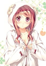  absurdres animal_costume blush breasts buttons character_name cleavage collarbone female highres hood kantoku kurumi_(kantoku) long_hair looking_at_viewer medium_breasts original pink_eyes red_hair scan sheep_costume solo 