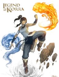  aerokinesis armpits avatar_legends bare_shoulders blue_eyes breasts brown_hair commentary copyright_name dark-skinned_female dark_skin earth_(element) element_bending female fire geokinesis hair_tubes highres hydrokinesis kazeco korra long_hair medium_breasts photoshop_(medium) ponytail pyrokinesis rock sleeveless solo the_legend_of_korra topknot water wind 