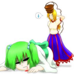  2girls bad_id bad_pixiv_id blonde_hair blood blood_in_mouth bucket bucket_on_head don9899 green_hair hair_bobbles hair_ornament horns hoshiguma_yuugi kisume long_hair long_sleeves multiple_girls object_on_head puffy_sleeves short_hair short_sleeves single_horn standing touhou twintails white_background wooden_bucket 