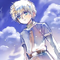  1boy aged_down arnoul artoria_pendragon_(fate) bad_id bad_pixiv_id blonde_hair fate/zero fate_(series) genderswap_(ftm) green_eyes male_focus rule_63 saber_(fate) sky solo tears 