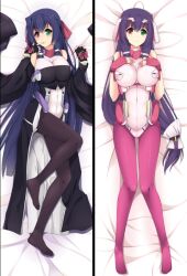  asama_tomo bed black_hair black_legwear bodysuit breasts csai dakimakura female female fingerless_gloves gloves green_eyes heterochromia kyoukai_senjou_no_horizon kyoukaisenjou_no_horizon pink_legwear red_eyes solo 