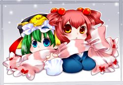  2girls aoi_mitsuru blue_eyes commentary_request green_hair hair_bobbles hair_ornament hat holding_hands multiple_girls onozuka_komachi orange_eyes red_hair scarf shared_clothes shared_scarf shiki_eiki striped_clothes striped_scarf touhou two_side_up upper_body 