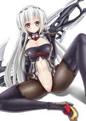  black_legwear blue_eyes bodysuit boots female female gloves highres horizon_ariadust kyoukai_senjou_no_horizon kyoukaisenjou_no_horizon leg_spread solo spread_legs thigh_boots thighhighs weapon white_hair 