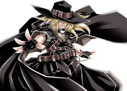  alternate_costume belt black_gloves blonde_hair buckle cape commentary_request cowboy_hat cowboy_western female fingerless_gloves fringe_trim gloves hair_ornament hat highres kirisame_marisa koumajou_densetsu long_hair looking_at_viewer outstretched_arms outstretched_hand serious simple_background solo spread_arms touhou white_background yellow_eyes yoiti 