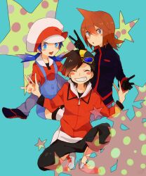  2boys bad_id bad_pixiv_id baseball_cap black_hair blue_background blue_eyes blue_hair blush ethan_(pokemon) female gloves goggles goggles_on_head grey_eyes hat kris_(pokemon) multiple_boys pokemon pokemon_adventures pokke-pokke-pinoko silver_(pokemon) sitting smile star_(symbol) twintails v 