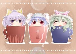  3girls animal_ears blonde_hair bow closed_eyes commentary_request cup hair_ribbon hairbow hammer_(sunset_beach) hat in_container in_cup long_hair multiple_girls purple_eyes purple_hair rabbit_ears red_eyes reisen_(touhou_bougetsushou) ribbon short_hair smile touhou watatsuki_no_toyohime watatsuki_no_yorihime 