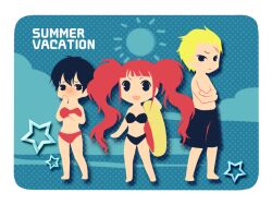  1boy 2girls :d bad_id bad_pixiv_id barefoot bikini blonde_hair blue_hair blush chibi crossed_arms embarrassed flat_color kujikawa_rise legs lie_(eiru) long_hair male_swimwear multiple_girls open_mouth persona persona_4 red_hair scar shirogane_naoto short_hair smile summer swim_trunks swimsuit tatsumi_kanji text_focus twintails wavy_hair 