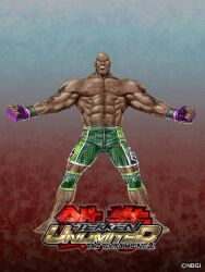  1boy abs bald barefoot chest_hair craig_marduk dark-skinned_male dark_skin fingerless_gloves gloves knee_pads leg_hair male_focus mixed_martial_arts muscular muscular_male official_art shorts solo tekken tekken_tag_tournament_2 yamashita_shun&#039;ya 