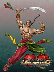  1boy abs bangle black_hair bracelet braid chinese_clothes dao feng_wei fighting_stance jewelry long_hair male_focus muscular muscular_male official_art single_braid solo sword tan tekken tekken_tag_tournament_2 topless_male weapon yamashita_shun&#039;ya 