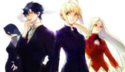  1boy 3girls ahoge artoria_pendragon_(fate) bad_id bad_pixiv_id black_hair blonde_hair emiya_kiritsugu fate/zero fate_(series) formal green_eyes hisau_maiya irisviel_von_einzbern long_hair multiple_girls photoshop_(medium) ponytail red_eyes ruondea saber_(fate) short_hair simple_background suit white_background white_hair 