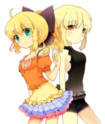  2girls ahoge arnoul artoria_pendragon_(fate) bad_id bad_pixiv_id bare_shoulders blonde_hair bow casual dark_persona dress dual_persona fate/stay_night fate/unlimited_codes fate_(series) frills green_eyes hairbow long_hair lowres multiple_girls photoshop_(medium) ponytail saber_alter saber_lily yellow_eyes 