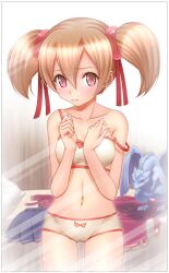  bed blonde_hair blush bow bow_bra bow_panties bra collarbone commentary_request female highres lingerie ooi_hayashi panties pillow pina_(sao) pink_eyes short_hair short_twintails silica skirt solo standing strap_slip sword_art_online twintails underwear underwear_only unworn_skirt white_bra white_panties 