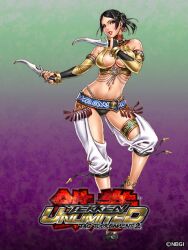  bare_shoulders black_hair breasts bridal_gauntlets capri_pants cleavage dagger dual_wielding elbow_gloves female gloves hair_bun halterneck holding jewelry knife large_breasts midriff navel official_art pants single_hair_bun solo tekken tekken_tag_tournament_2 weapon yamashita_shun&#039;ya zafina_(tekken) 