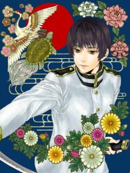  1boy axis_powers_hetalia bird black_eyes black_hair cherry_blossoms chrysanthemum crane_(animal) flower japan_(hetalia) katana male_focus military military_uniform sheath solo sorainu_(tegaki) sword tegaki turtle uniform weapon 