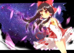  altair_(star) ascot black_hair blush bow commentary_request deneb_(star) detached_sleeves female hair_tubes hairbow hakurei_reimu letterboxed long_hair night night_sky red_bow red_eyes sidelocks skirt skirt_set sky solo star_(sky) starry_sky summer tanabata touhou vega_(star) yuimari 