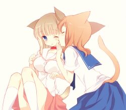  2girls animal_ears blue_eyes blue_skirt blush brown_hair cat_ears cat_tail closed_eyes commentary_request fukuji_mihoko kazekoshi_school_uniform kemonomimi_mode kiyosumi_school_uniform licking licking_another&#039;s_cheek licking_another&#039;s_face long_hair multiple_girls open_mouth red_hair saki_(manga) school_uniform serafuku short_hair skirt tail takei_hisa tokumi_yuiko tongue wince yuri 