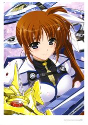  absurdres blue_eyes brown_hair female fortress_(nanoha) higa_yukari highres lyrical_nanoha magical_girl mahou_senki_lyrical_nanoha_force mahou_shoujo_lyrical_nanoha raising_heart raising_heart_(standalone_flight_mode) side_ponytail solo strike_cannon takamachi_nanoha 