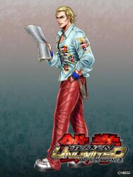  1boy alternate_costume belt blonde_hair blue_eyes boots crest hair_slicked_back hand_in_pocket leather leather_pants male_focus newspaper official_art pants shirt solo steve_fox tekken tekken_tag_tournament_2 wristband yamashita_shun&#039;ya 