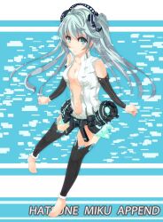  aqua_eyes aqua_hair barefoot breasts center_opening cleavage commentary_request elbow_gloves female fingerless_gloves gloves hatsune_miku hatsune_miku_(append) highres long_hair looking_at_viewer maya_(bicycle_install) medium_breasts solo twintails very_long_hair vocaloid vocaloid_append 