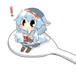  arzuros_(armor) blue_hair blush chibi chibi_only cosplay female hat kamishirasawa_keine long_hair lowres monster_hunter_(series) monster_hunter_portable_3rd no_nose open_mouth rebecca_(keinelove) shamoji solo spoon touhou 