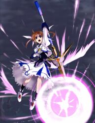  bad_id bad_pixiv_id brown_hair dress female fingerless_gloves full_body gloves hair_ribbon highres left-handed lyrical_nanoha magical_girl mahou_shoujo_lyrical_nanoha mahou_shoujo_lyrical_nanoha_a&#039;s mahou_shoujo_lyrical_nanoha_the_movie_2nd_a&#039;s open_mouth purple_eyes raising_heart raising_heart_(exelion_mode)_(2nd) ribbon short_twintails solo staff starlight_breaker takamachi_nanoha takamachi_nanoha_(exelion_mode) twintails wagashi_(okashina) wings 