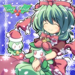  ^_^ arm_ribbon blush bow christmas closed_eyes closed_mouth clothed_pokemon commentary_request crossover dress english_text evolutionary_line female front_ponytail green_hair hair_ornament hair_ribbon hairbow happy hat holding holding_pokemon kagiyama_hina lilligant long_hair merry_christmas nullpooo petilil pokemon pokemon_(creature) red_dress red_eyes red_headwear ribbon santa_hat short_sleeves smile snowflakes touhou 