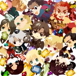  6+boys artoria_pendragon_(fate) bad_id bad_pixiv_id beard chibi diarmuid_ua_duibhne_(lancer)_(fate) emiya_kiritsugu everyone facial_hair fate/zero fate_(series) female gem gilgamesh_(fate) gilles_de_rais_(caster)_(fate) iskandar_(fate) kayneth_el-melloi_archibald kotomine_kirei kuroihato matou_kariya multiple_boys official_alternate_costume saber_(fate) tohsaka_tokiomi uryuu_ryuunosuke waver_velvet 