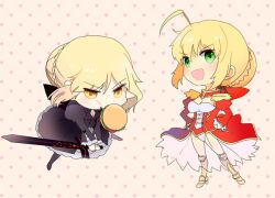  2girls ahoge arnoul artoria_pendragon_(fate) bad_id bad_pixiv_id blonde_hair breasts burger chibi cleavage dress epaulettes excalibur_morgan_(fate) fate/extra fate/hollow_ataraxia fate_(series) food gothic_lolita green_eyes hair_ribbon lolita_fashion medium_breasts multiple_girls nero_claudius_(fate) nero_claudius_(fate/extra) official_alternate_costume photoshop_(medium) ribbon saber_alter see-through sword weapon yellow_eyes 