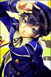  androgynous bad_id bad_pixiv_id blue_eyes blue_hair cabbie_hat detective female hand_on_headwear hat hssno108 looking_at_viewer necktie persona persona_4 photoshop_(medium) shirogane_naoto short_hair solo wavy_hair 