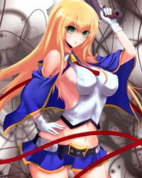  alternate_breast_size bad_id bad_pixiv_id bare_shoulders belt blazblue blazblue:_chronophantasma blonde_hair bolverk breasts female gloves green_eyes gun hand_on_own_hip handgun large_breasts long_hair matsumotoke microskirt midriff noel_vermillion photoshop_(medium) sideboob skirt solo weapon white_gloves 