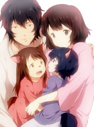  2boys 2girls ame_(ookami_kodomo) animal_ears black_hair brown_eyes brown_hair commentary_request family fangs father_and_daughter father_and_son hana_(ookami_kodomo) hug long_hair maruki_(punchiki) mother_and_daughter mother_and_son multiple_boys multiple_girls ookami_kodomo_no_ame_to_yuki ookami_otoko short_hair smile tail v wolf_ears wolf_tail yuki_(ookami_kodomo) 