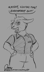  2022 angry anthro bottomwear buckteeth clothing dialogue digit_ring english_text eyewear fauxhawk female hair half-closed_eyes hands_on_hips hera_(omny87) hi_res humor jewelry lagomorph leporid looking_away mammal monochrome narrowed_eyes omny87 open_mouth pants polo_shirt pun rabbit ring shirt short_hair short_sleeves solo speech_bubble sunglasses teeth text thick_thighs topwear url wedding_ring whiskers 