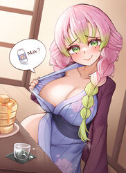  absurdres blush bottle braid breasts butter cherry_blossom_print cherry_blossoms cup english_commentary english_text female floral_print fluffyebi01 food green_eyes green_hair highres japanese_clothes kanroji_mitsuri kimetsu_no_yaiba kimono kimono_pull large_breasts looking_at_viewer milk_bottle mole mole_under_each_eye mole_under_eye multicolored_hair multiple_moles obi pancake pancake_stack pink_hair plate pulling_own_clothes sash sitting solo spoken_object sweat table twin_braids two-tone_hair yukata 