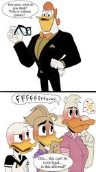  2020 anas anatid anseriform anthro avian avoid_posting beak bird black_clothing black_eyes black_shirt black_tie_(suit) black_topwear blush bow_tie brown_body brown_clothing brown_feathers brown_hair brown_shirt brown_topwear clothing dabbling_duck darkwing_duck dialogue disney donald_duck drake_mallard duck ducktales ducktales_(2017) english_text eyewear feathers fenton_crackshell glasses gold_(metal) gold_jewelry gold_ring gold_rings group hair heart_symbol hi_res holding_eyewear holding_glasses holding_object jewelry launchpad_mcquack male male/male mallard pink_clothing pink_shirt pink_topwear polyandry polygamy proposal purple_clothing purple_shirt purple_topwear red_bow_tie ring sailor_uniform shirt short_tail simple_background solo speech_bubble suit tail tejedora713joker text thought_bubble topwear two_panel_image white_background white_body white_feathers yellow_beak 