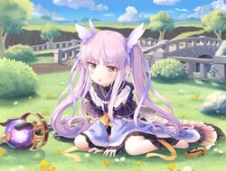  barefoot blunt_bangs blush bridge bush cementite chestnut_mouth cloud commentary day elf female flower full_body grass hair_ornament kyoka_(princess_connect!) lolicon long_hair looking_at_viewer mountain mountainous_horizon open_mouth outdoors path pointy_ears princess_connect! purple_hair rock rose_bush sandals sidelocks sitting sky solo staff tree twintails unworn_sandals very_long_hair wariza wide_sleeves yellow_eyes 