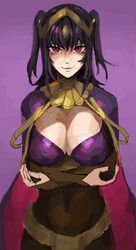  bangle black_hair blunt_bangs bodystocking bracelet breasts bridal_gauntlets cape circlet cleavage commentary covered_navel female fire_emblem fire_emblem_awakening highres jewelry large_breasts long_hair looking_at_viewer purple_eyes saiykik skin_tight smile solo tharja_(fire_emblem) tiara 