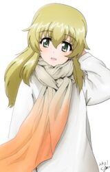  arm_behind_head artist_name blonde_hair bukkuri carpaccio_(girls_und_panzer) casual commentary_request dated female girls_und_panzer gradient_scarf green_eyes head_tilt long_hair long_sleeves looking_at_viewer open_mouth orange_scarf scarf signature simple_background smile solo standing sweater white_background white_sweater 