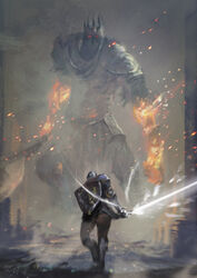  1boy 1other armor ashen_one_(dark_souls_3) blurry commentary_request crown dark_souls_(series) dark_souls_iii fire from_behind full_armor gauntlets glowing glowing_eyes helmet highres holding holding_sword holding_weapon miso_katsu pants red_eyes shield signature standing storm_ruler_(weapon) sword weapon yhorm&#039;s_great_machete_(weapon) yhorm_the_giant 