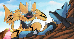  absurd_res anthro black_body black_fur blue_body blue_eyes blue_fur bodily_fluids canid canine closed_eyes crossover duo fangs felid feline fur generation_4_pokemon generation_7_pokemon hi_res huka image_comics invincible_(comics) invincible_(tv_series) legendary_pokemon lucario lying male male/male mammal meme multicolored_body multicolored_fur nintendo on_back open_mouth pokemon pokemon_(species) saliva sky spikes spikes_(anatomy) teeth think_mark_think! yellow_body yellow_fur zeraora 