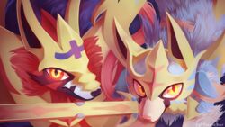  16:9 2019 ambiguous_gender armor blue_body blue_fur canid canine conditional_dnp crowned_shield_zamazenta crowned_sword_zacian detailed digital_media_(artwork) duo feral fluffy fur generation_8_pokemon hi_res legendary_duo legendary_pokemon mammal melee_weapon metallic_body nintendo object_in_mouth pink_body pink_fur pokemon pokemon_(species) prick_ears red_body red_eyes red_fur rottingichor snout sword sword_in_mouth weapon widescreen wings yellow_eyes zacian zamazenta 