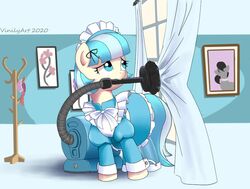  2020 blue_hair blue_tail cleaning_tool clothing coco_pommel_(mlp) digital_media_(artwork) dress earth_pony equid equine eyelashes feral friendship_is_magic hair hasbro horse maid_uniform mammal mouth_hold my_little_pony octavia_(mlp) photo pony solo standing tail tan_body uniform vacuum_cleaner vinilyart window 