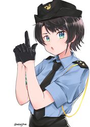  absurdres alternate_costume black_gloves black_hair black_hat black_necktie blue_eyes blue_shirt blush breasts collared_shirt commentary epaulettes female finger_gun gloves half_gloves hat highres hololive looking_at_viewer medium_breasts necktie oozora_subaru open_mouth own_hands_clasped own_hands_together parted_bangs police police_hat police_uniform policewoman seiji_kimoti shirt shirt_tucked_in short_hair simple_background solo standing swept_bangs twitter_username uniform upper_body virtual_youtuber white_background wing_collar 