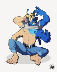  2021 4:5 4_arms 5_toes absurd_res alien antennae_(anatomy) antennae_growth anthro arm_growth armpit_hair barefoot belt big_nose blue_body blue_bottomwear blue_clothing blue_fur blue_nipples blue_nose blue_pants bodily_fluids body_hair bottomwear bulge cel_shading chest_hair clothing denim denim_bottomwear denim_clothing digital_drawing_(artwork) digital_media_(artwork) disney ear_piercing experiment_(lilo_and_stitch) feet fur growth hair hand_on_head hi_res human human_to_anthro jeans lilo_and_stitch limb_growth looking_at_hand male mammal mid_transformation multi_arm multi_limb muscular muscular_male navel nipples notched_ear pants piercing pink_nipples shaded shirt shocked simple_background sitting sky3 solo species_transformation spread_legs spreading stitch_(lilo_and_stitch) sweat sweatdrop tears tf_into_fictional_character toes topwear transformation white_background 