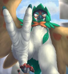  ambiguous_gender anthro avian barefoot bartucthebloody bird black_body black_fur city day decidueye duo feathered_wings feathers feet felid foot_focus fur generation_7_pokemon hi_res incineroar looming low-angle_view macro mammal nintendo perspective pokemon pokemon_(species) pseudo_clothing red_body red_fur size_difference solo_focus standing stomping wings worm&#039;s-eye_view 