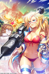  2girls ^^^ abs ass_visible_through_thighs bikini blonde_hair blue_eyes breasts cat_shi cleavage commentary_request covered_nipples crater front-tie_top glasses gun jacket large_breasts long_hair mountain multiple_girls navel off_shoulder photoshop_(medium) quartermaster_knight rectangular_mouth red-framed_eyewear red_bikini rocket_launcher semi-rimless_eyewear shiny_skin side-tie_bikini_bottom skindentation strap_gap strap_slip striped_clothes striped_thighhighs swimsuit sword_girls thighhighs turn_pale under-rim_eyewear underboob weapon 